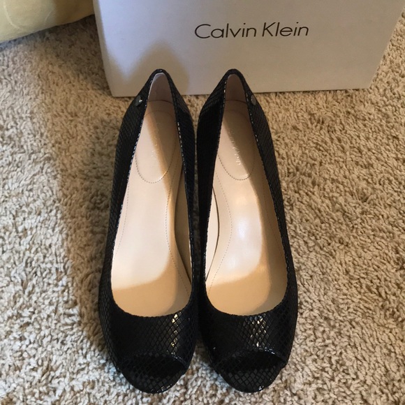Calvin Klein Black Leather Peep-toe High Heels - Picture 3 of 12